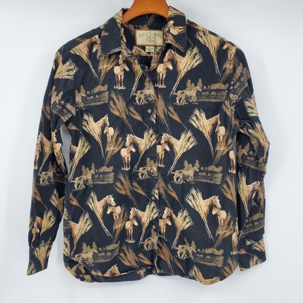 Bit & Bridle Ladies Horse Print Button Down Shirt Small Y2K Western Novelty Farm